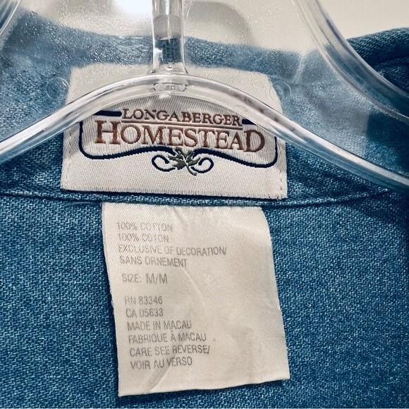 Longaberger Homestead Denim Button Up Shirt Floral Embroidery Contrast Cuff Sz M - Picture 6 of 8